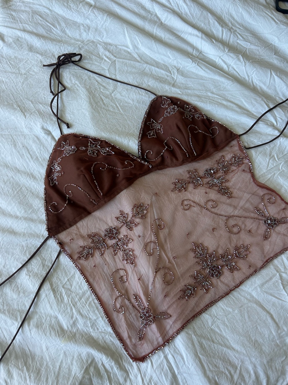 Y2K Brown Beaded Halter Top By Speed Limit NYC - Picture 3 of 10